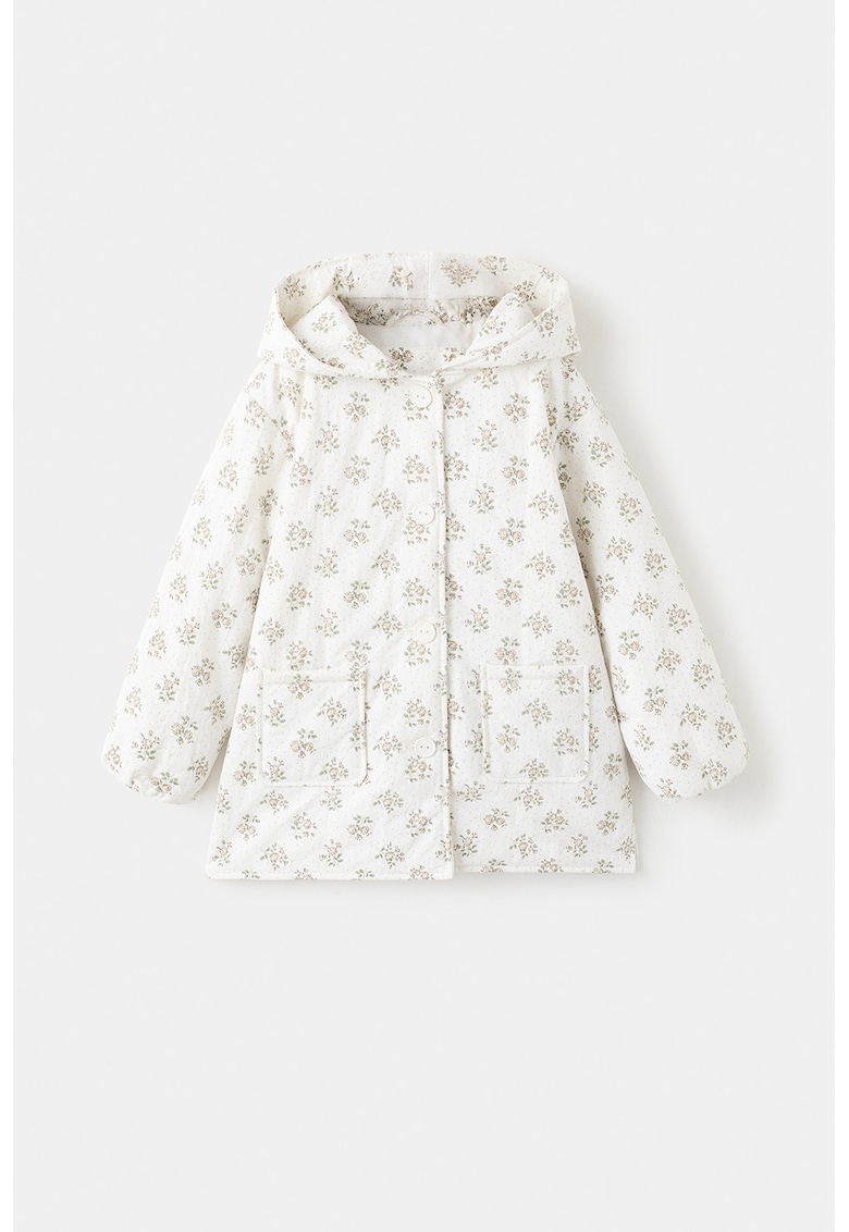 Jacheta cu model floral si nasturi - Alb/Verde/Maro deschis