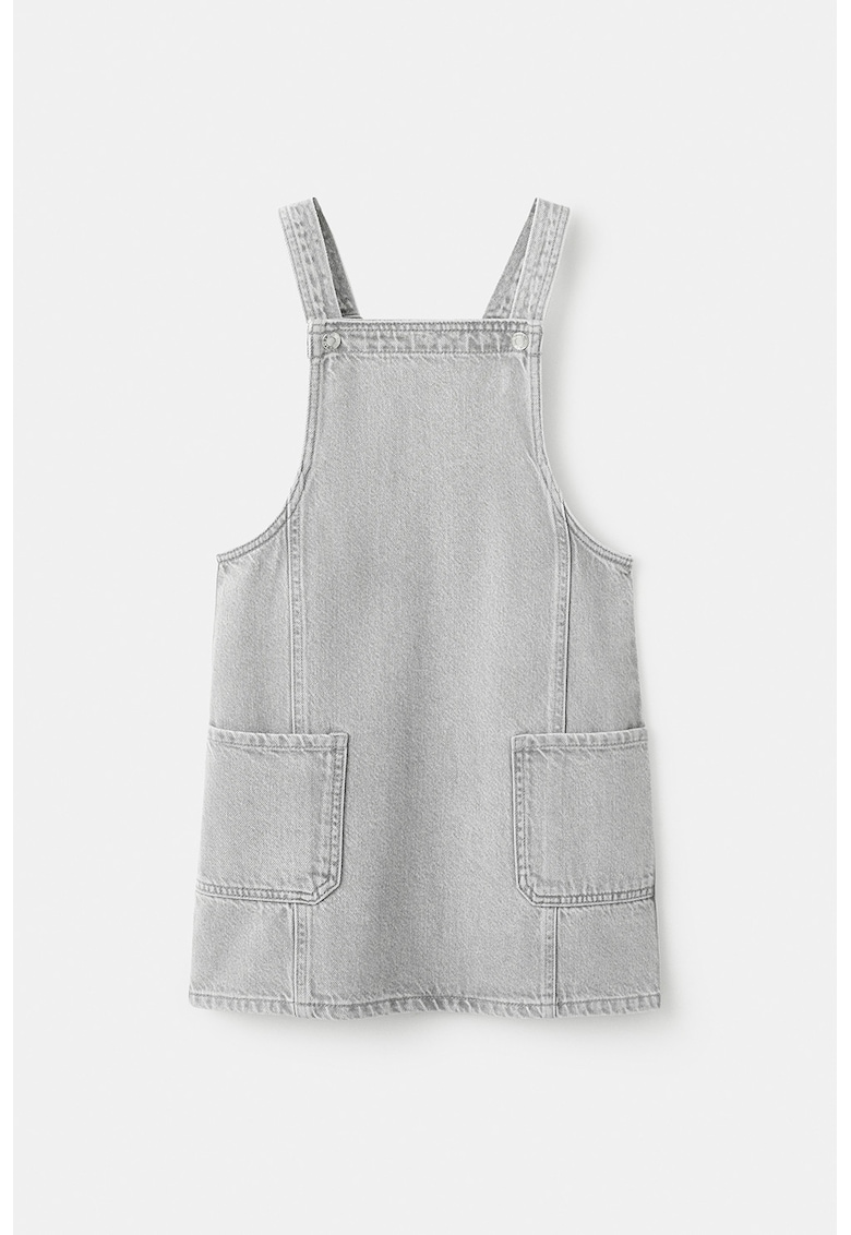 Rochie-sarafan din denim cu doua buzunare aplicate - Gri deschis