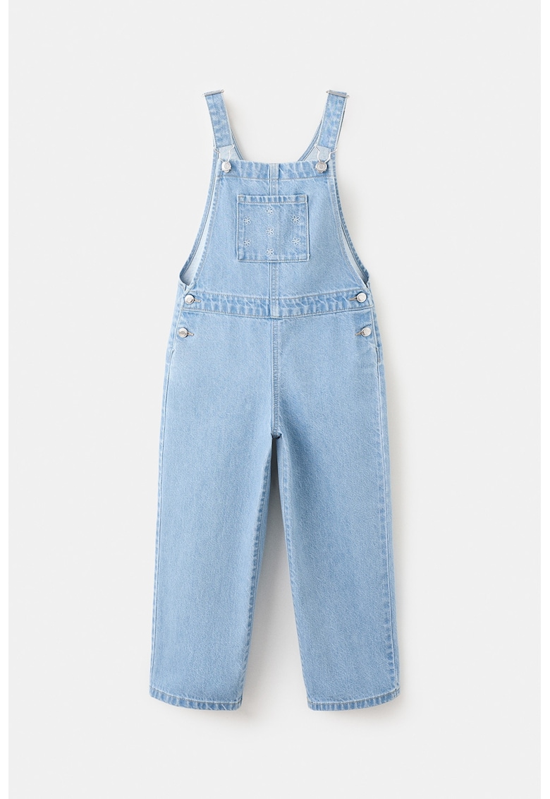 Salopeta din denim cu broderie si buzunar pe piept - Albastru deschis