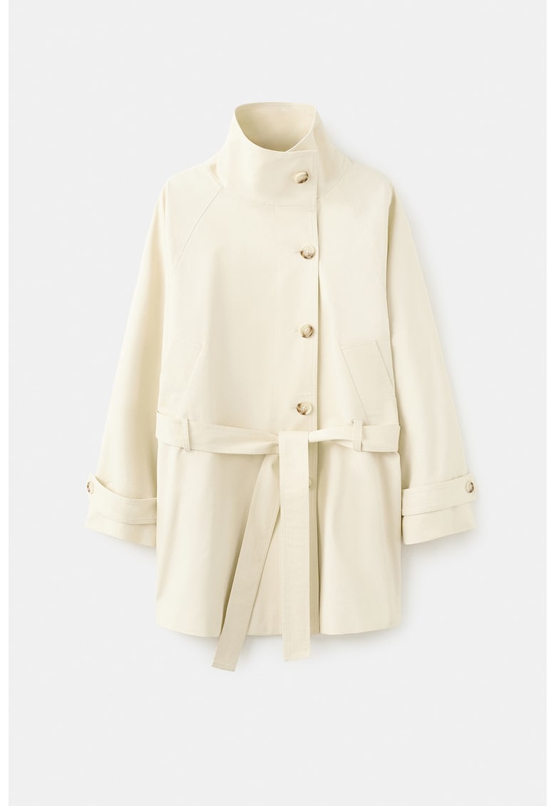 Trenci scurt cu nasturi si guler inalt - Bej deschis