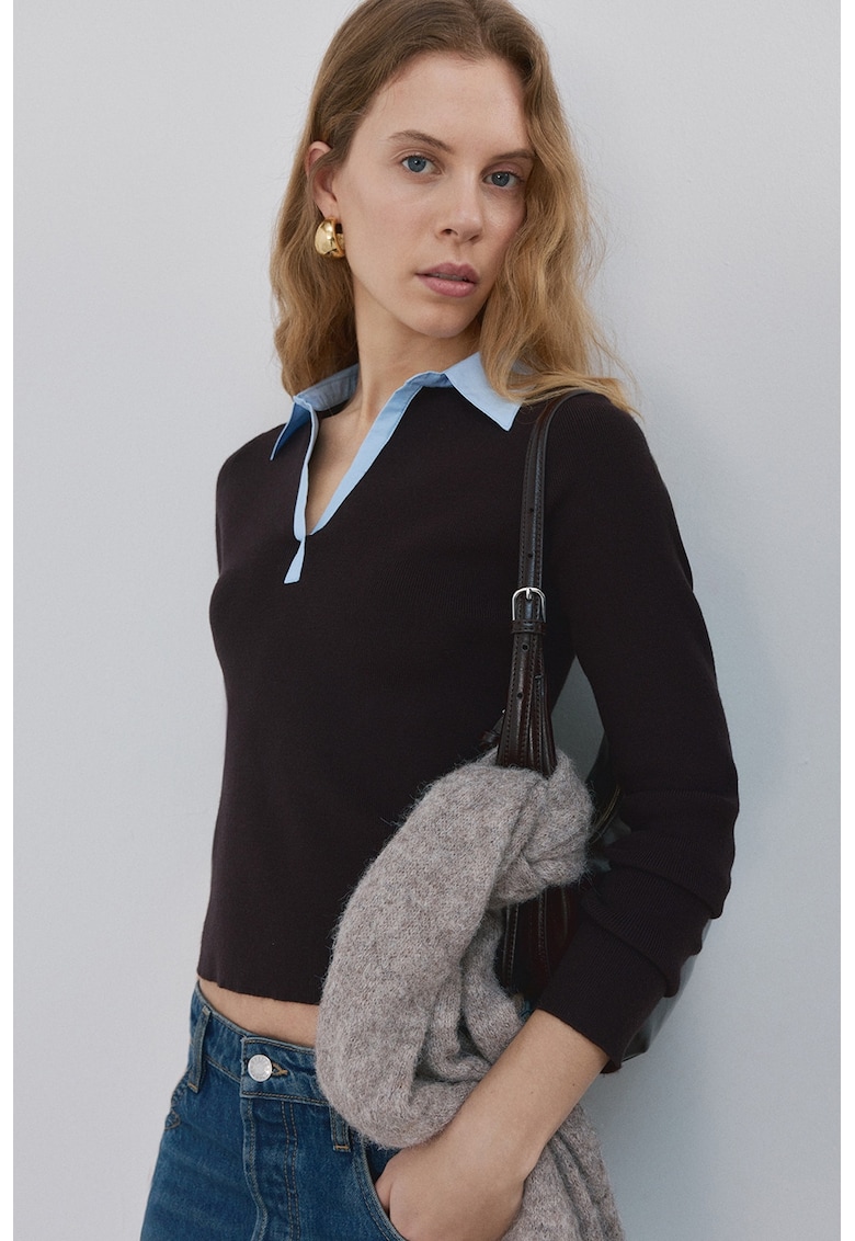 Pulover tricotat fin cu guler clasic - Maro inchis