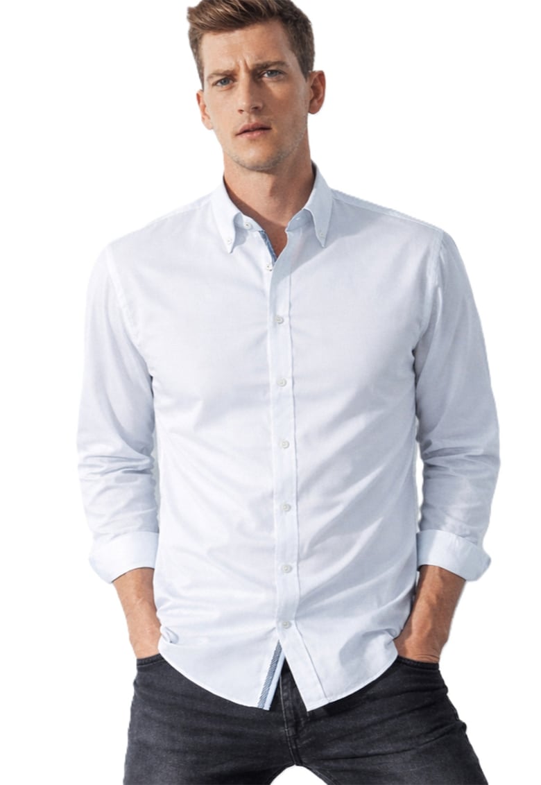 Camasa din bumbac cu guler fixat cu nasturi - Alb