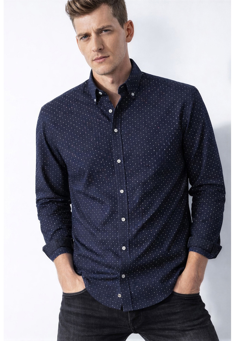 Camasa din bumbac cu guler fixat cu nasturi - Alb/Bleumarin