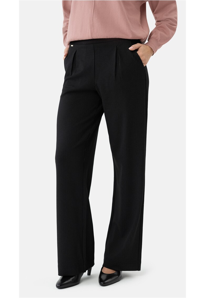 Pantaloni largi R-Bri pentru femei - din viscoza si elastan - model cu dungi - Comfort Fit - negri - Negru