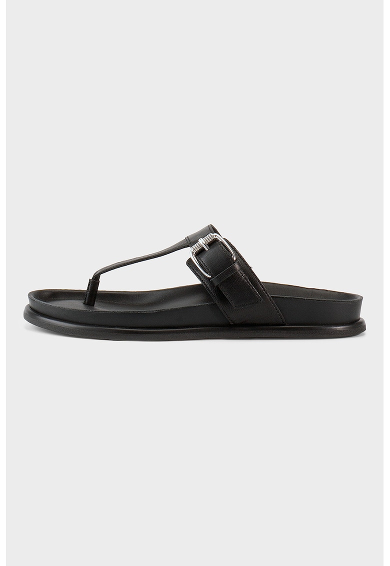 Papuci flip-flop din piele cu talpa plata - Negru