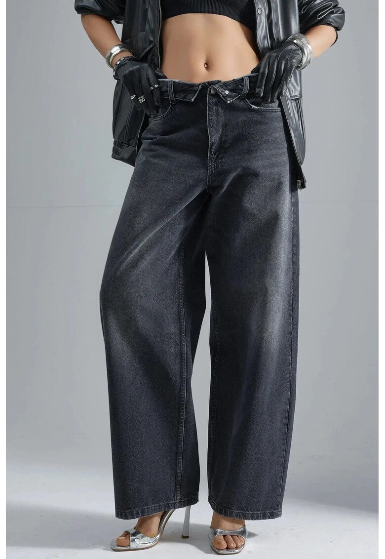 Blugi dama - talie joasa - picior lat - gri inchis - denim