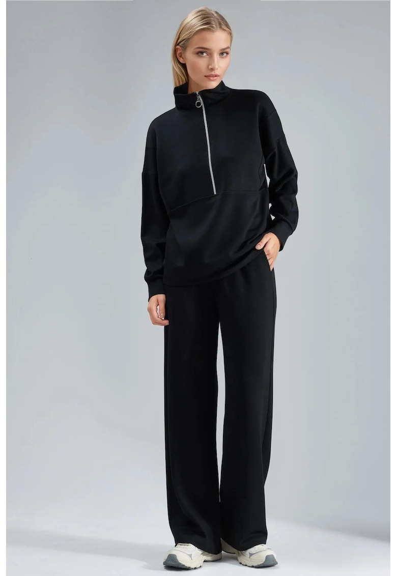 Set din doua piese - pantaloni largi - guler cu fermoar - negru - material tricotat