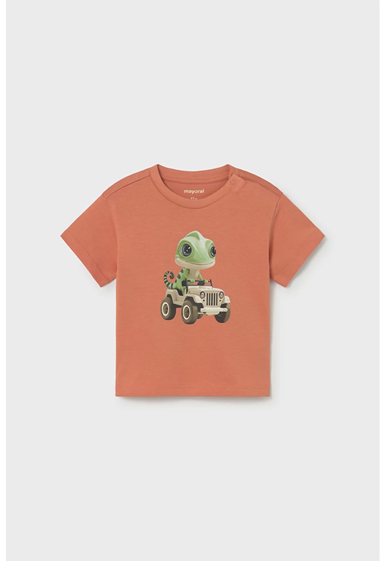 Tricou de bumbac cu imprimeu frontal - Portocaliu persan/Verde fistic