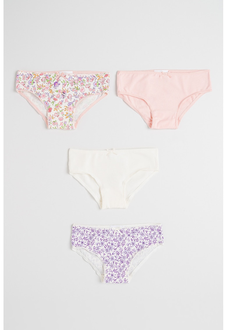 Set de chiloti cu captuseala din dantela si funda - 4 perechi - Alb murdar/Roz