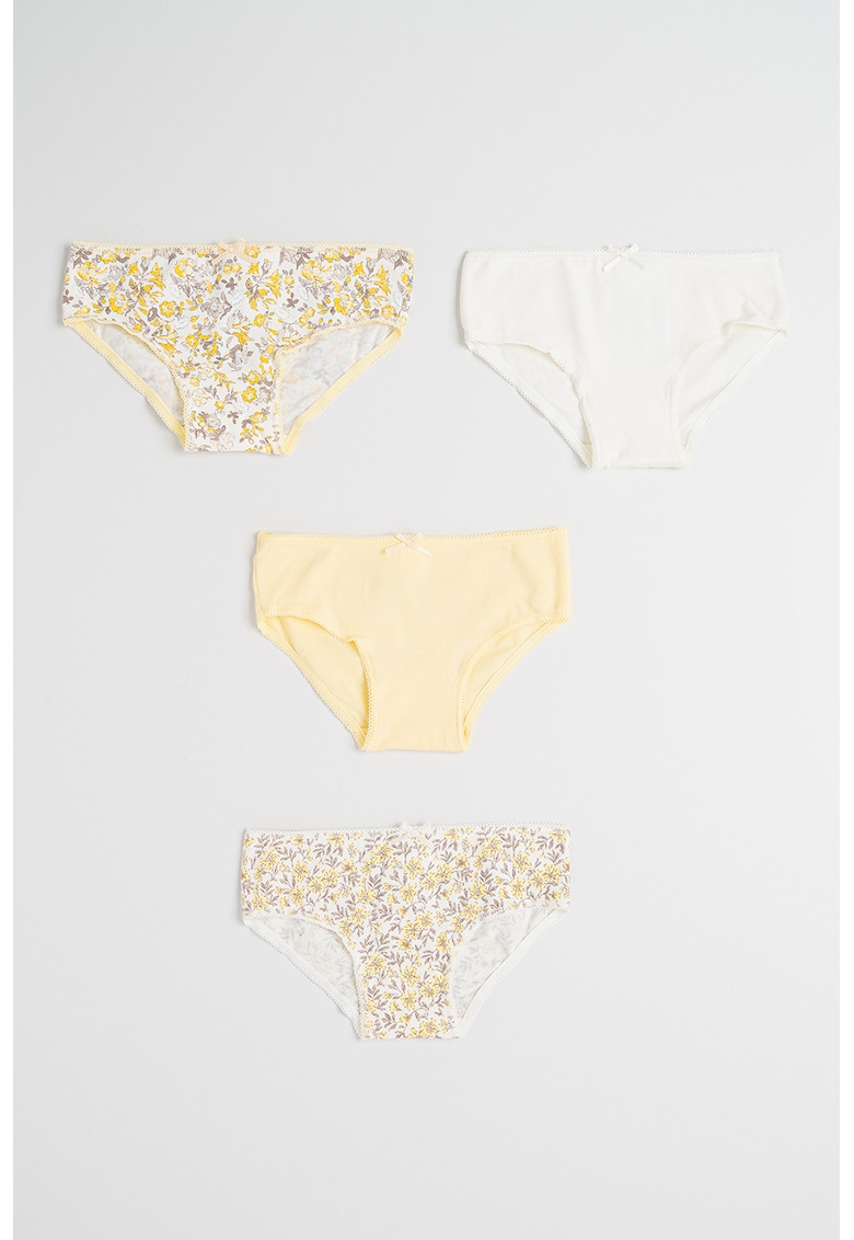 Set de chiloti cu captuseala din dantela si funda - 4 perechi - Alb/Galben