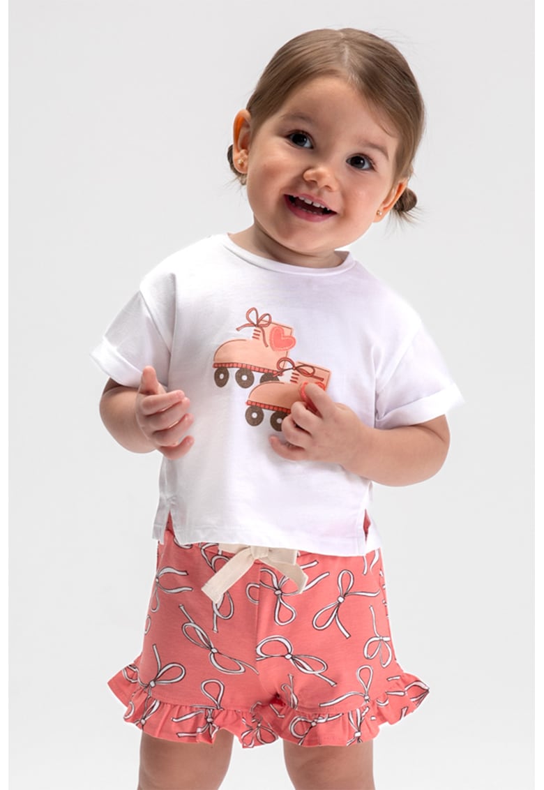 Set de tricou de bumbac cu imprimeu si pantaloni scurti - Alb/Maro/Roz