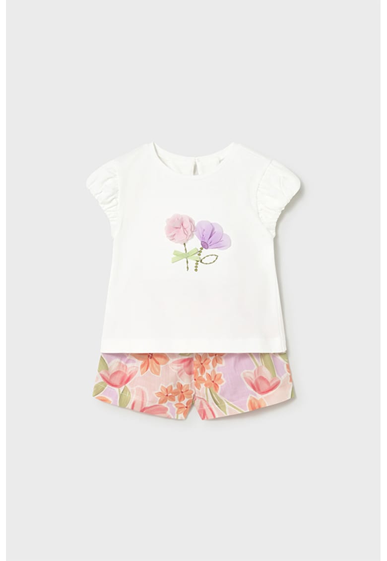 Set de tricou cu imprimeu floral si pantaloni scurti - Alb/Verde/Portocaliu/Violet