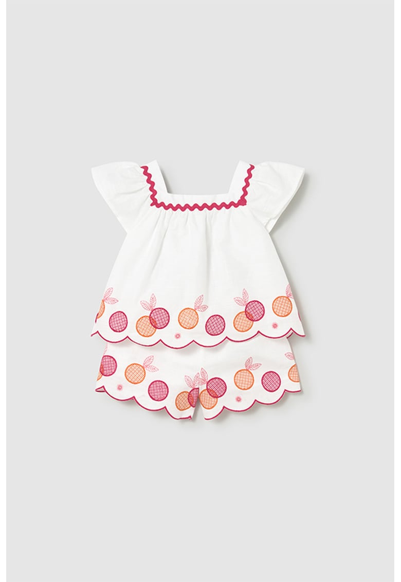 Set de bluza cu broderie si pantaloni scurti - Alb/Portocaliu/Roz