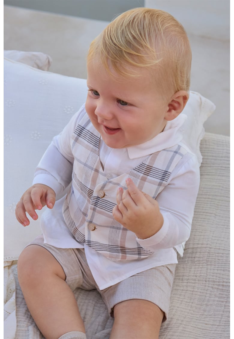 Set de bluza si pantaloni scurti cu model in carouri - Alb fildes/Maro taupe deschis