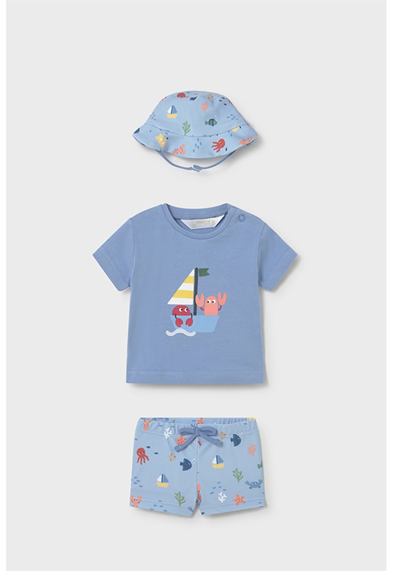 Set de tricou cu model - pantaloni scurti si palarie bucket - 3 piese - Rosu/Galben/Albastru lavanda/Albastru azur/Roz