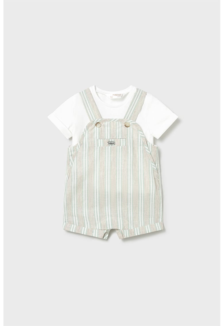 Set de salopeta cu dungi si tricou uni - 2 piese - Alb/Verde pal/Maro taupe deschis