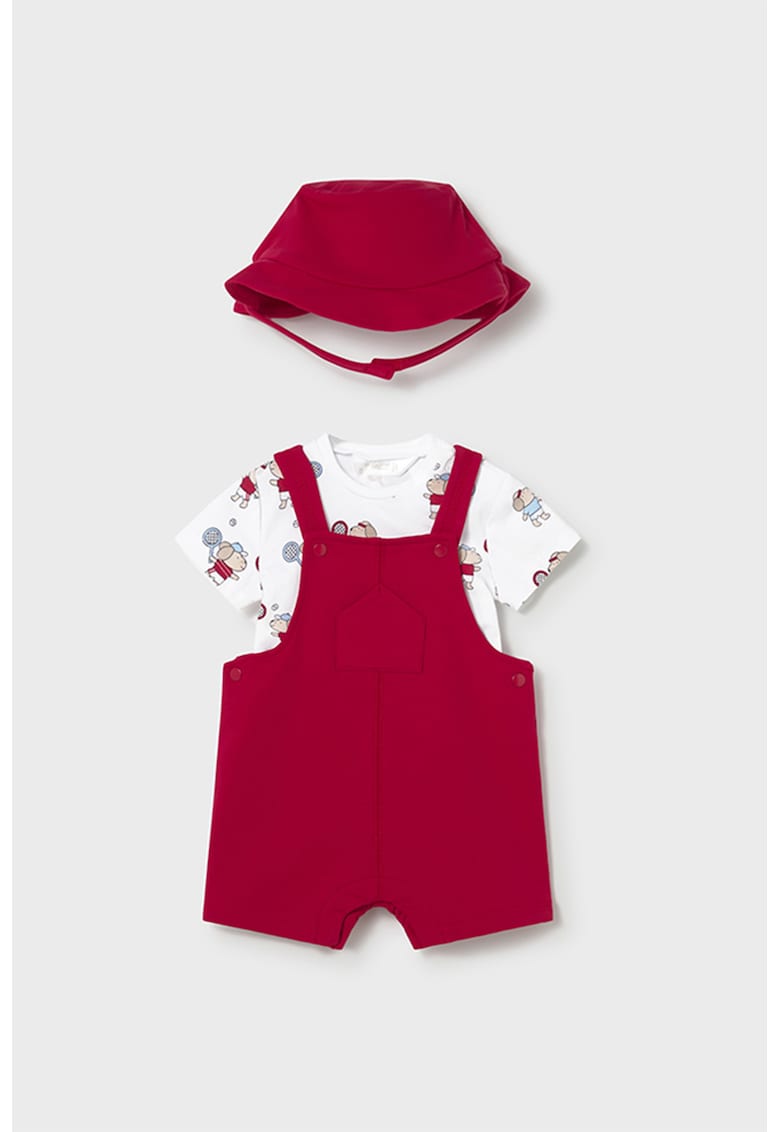 Set de salopeta uni - tricou cu model si palarie bucket - 3 piese - Rosu inchis/Alb optic/Albastru deschis