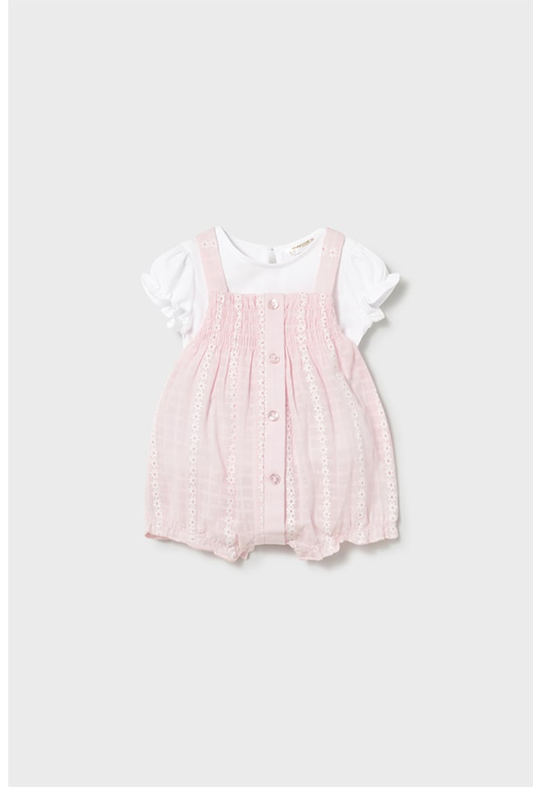 Set de salopeta cu model floral si tricou uni - 2 piese - Alb/Roz pal