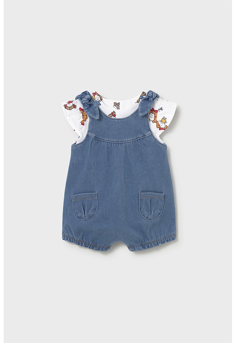 Set de salopeta din denim cu funda si tricou cu model - 2 piese - Rosu/Albastru inchis/Alb optic