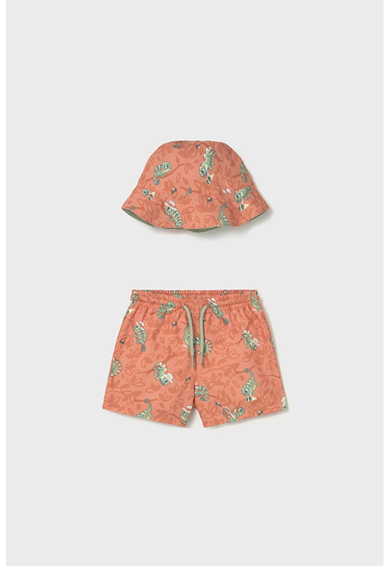 Set de pantaloni scurti de baie cu imprimeu si palarie - 2 piese - Verde/Portocaliu persan