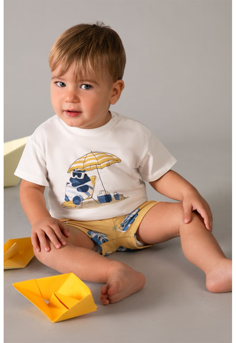 Set de tricou cu imprimeu grafic si pantaloni scurti - 2 piese - Alb/Portocaliu/Bleumarin
