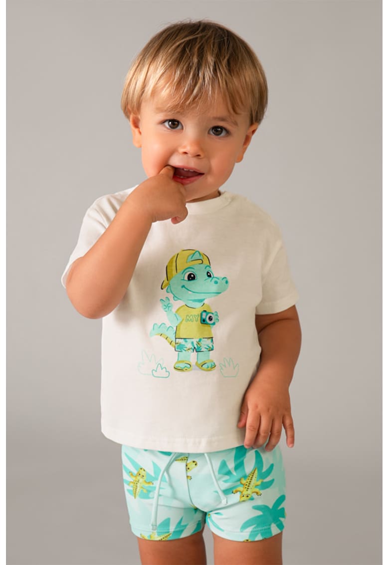 Set de tricou cu imprimeu grafic si pantaloni scurti - 2 piese - Alb optic/Verde persan/Verde fistic