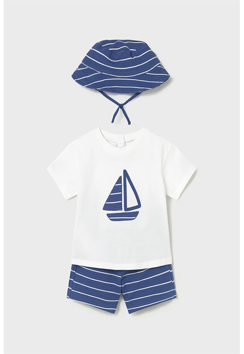 Set de tricou de bumbac - pantaloni scurti si palarie bucket - 3 piese - Alb optic/Bleumarin