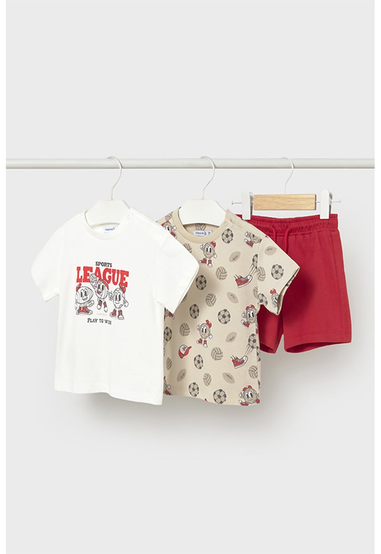 Set de tricouri de bumbac si pantaloni scurti - 3 piese - Rosu/Maro nisip