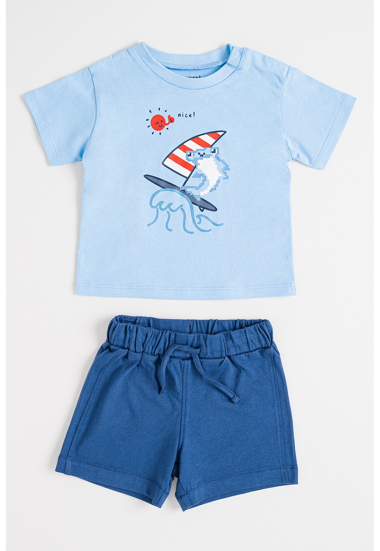 Set de tricou si pantaloni scurti cu decolteu la baza gatuliui - Alb/Albastru