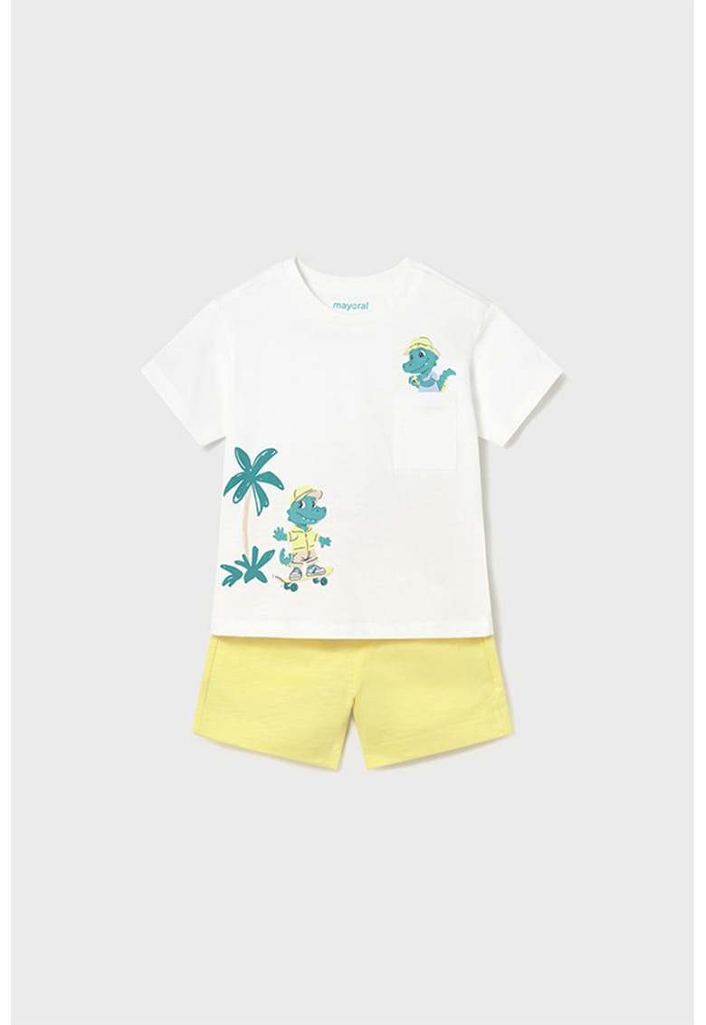 Set de tricou cu decolteu la baza gatului si pantaloni scurti- 2 piese - Galben pal/Alb optic