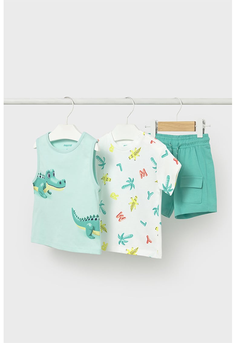Set de pantaloni scurti si 2 tricouri din bumbac - 3 piese - Alb/Albastru aquamarin
