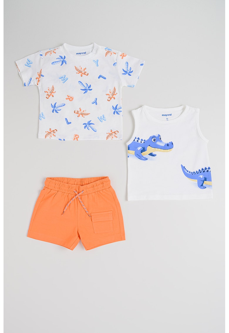 Set de pantaloni scurti si 2 tricouri din bumbac - 3 piese - Alb/Portocaliu mandarina/Albastru