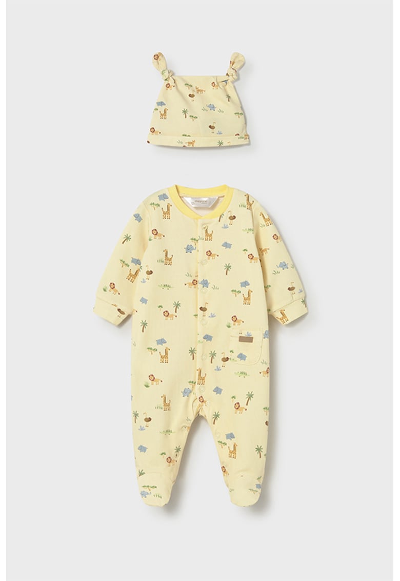 Set de salopeta de pijama cu botosei si imprimeu si caciula - Galben pai