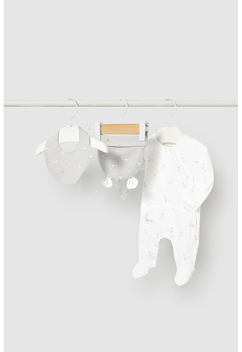 Set de salopeta din amestec de bumbac - caciula si bavetica - 3 piese - Alb/Gri