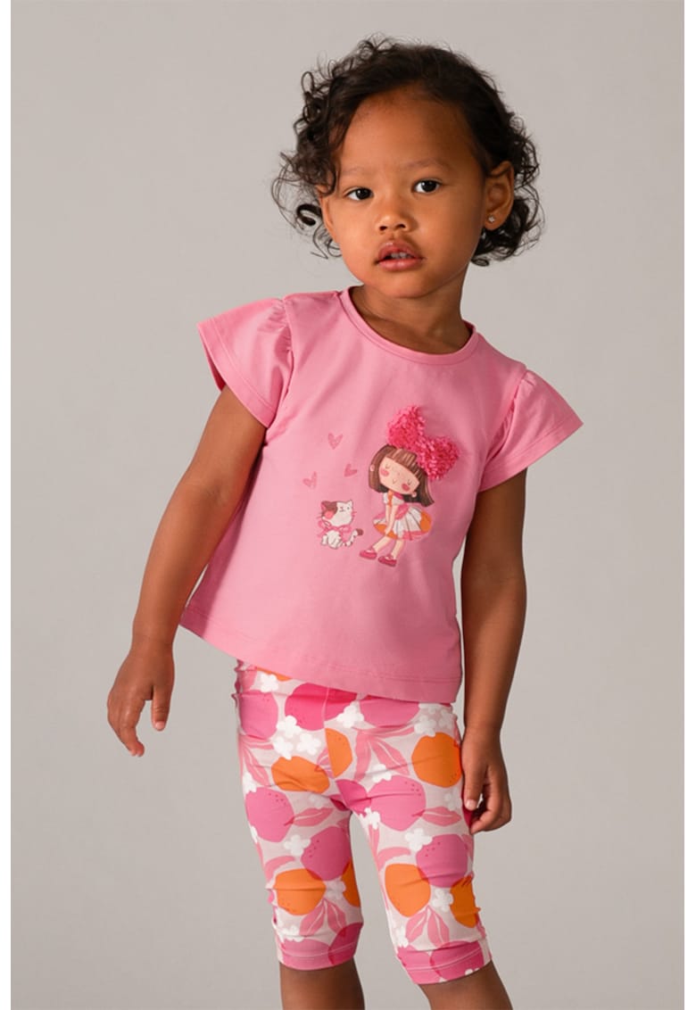 Set de tricou din amestec de bumbac si colanti - 2 piese - Alb/Portocaliu/Roz