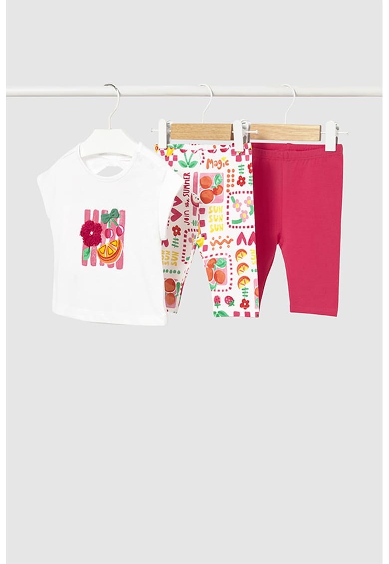 Set de tricou de bumbac si colanti - 3 piese - Alb/Roz zmeuriu
