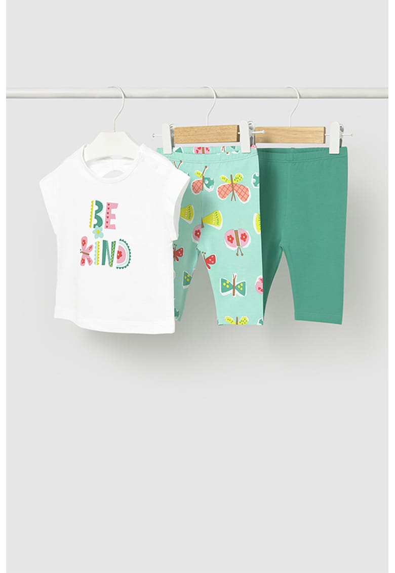 Set de tricou de bumbac si colanti - 3 piese - Alb/Verde persan