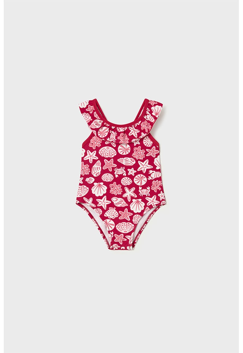 Costum de baie cu model si volane - Rosu/Alb