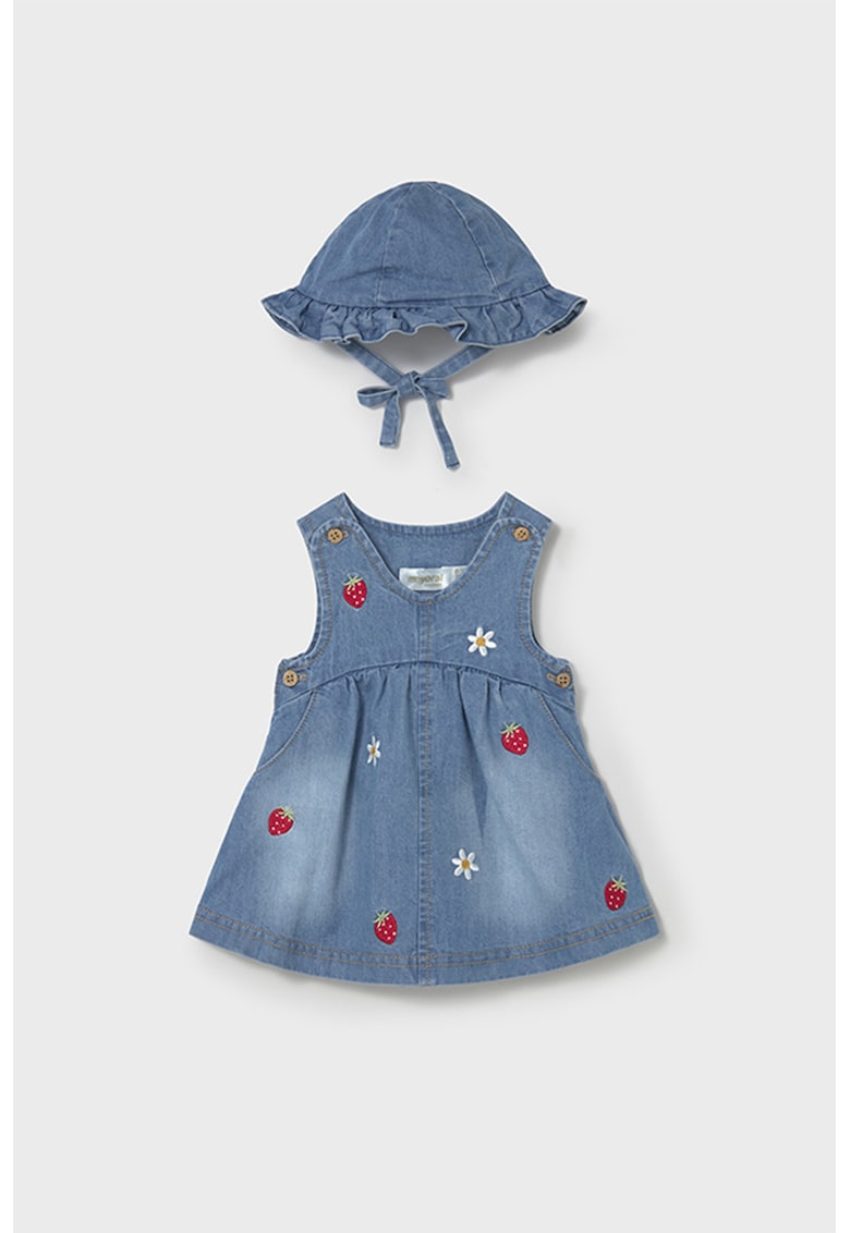 Set de rochie din denim si palarie cu volane - 2 piese - Albastru prafuit
