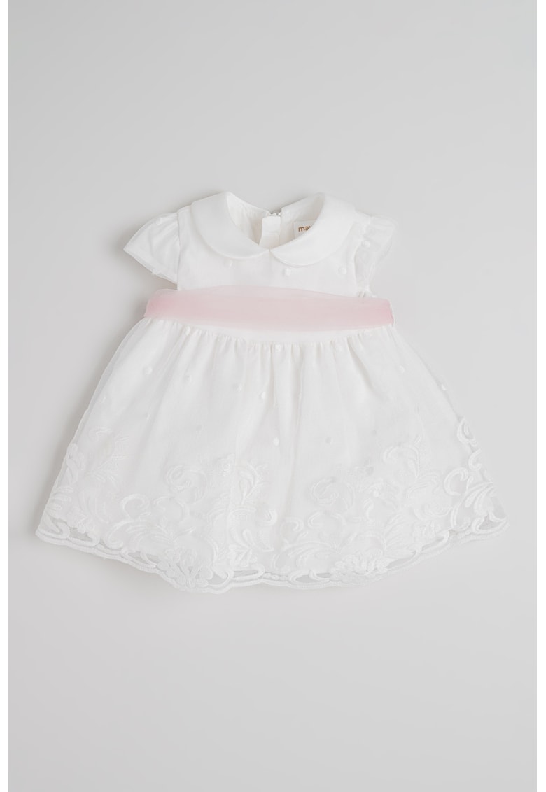 Rochie cu croiala baby-doll si broderie - Alb optic/Roz