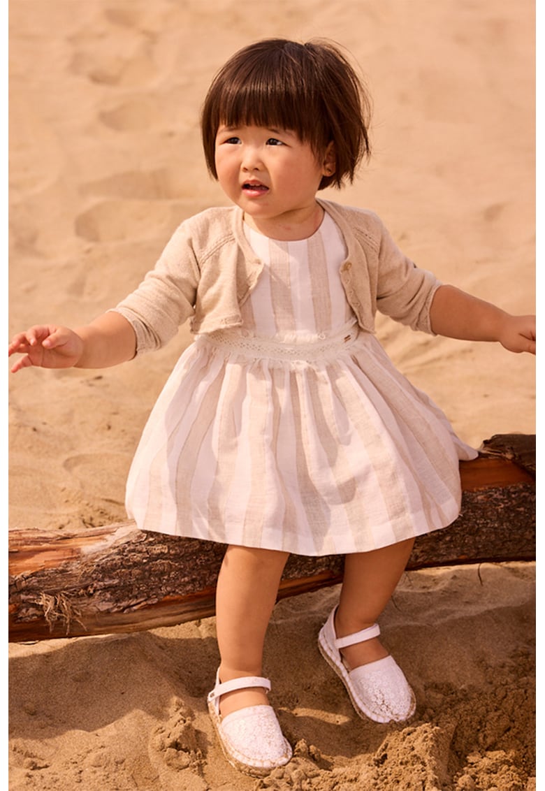 Rochie in dungi cu garnitura brodata - Alb/Maro camel