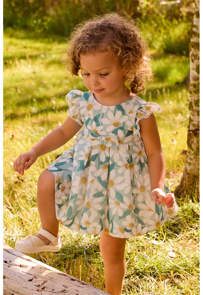 Rochie evazata cu model floral - Alb/Galben/Albastru petrol