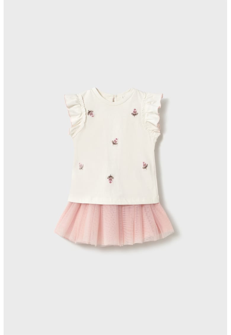 Set de tricou cu model si fusta din tul - 2 piese - Alb/Roz pal