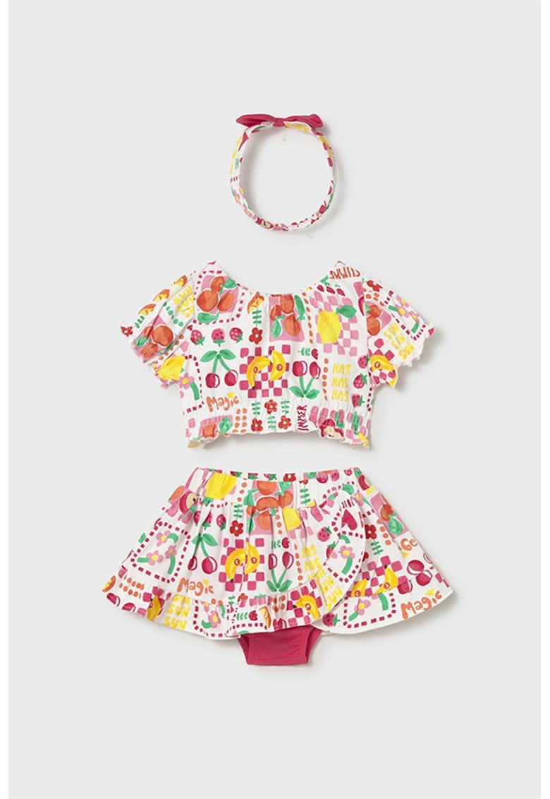 Set de bluza crop cu imprimeu - fusta cu chiloti integrati si bentita - 3 piese - Multicolor