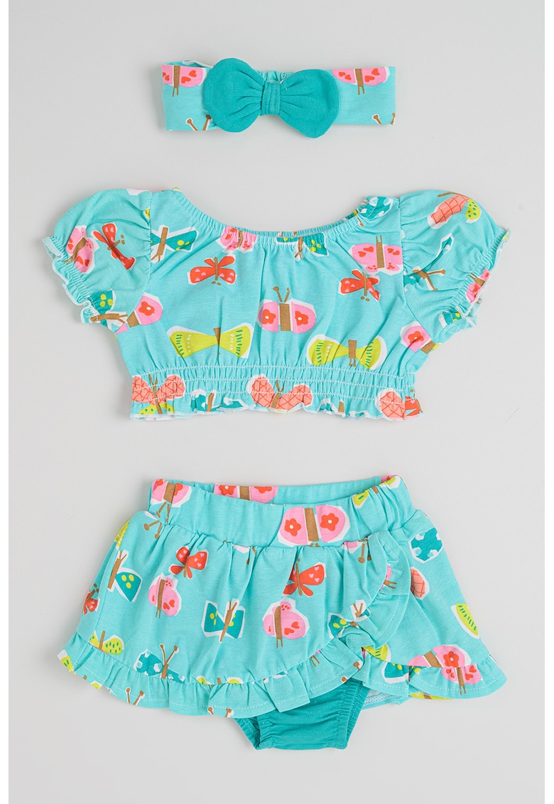 Set de fusta - top crop si bentita - 3 piese - Albastru aquamarin/Coral/Galben pai