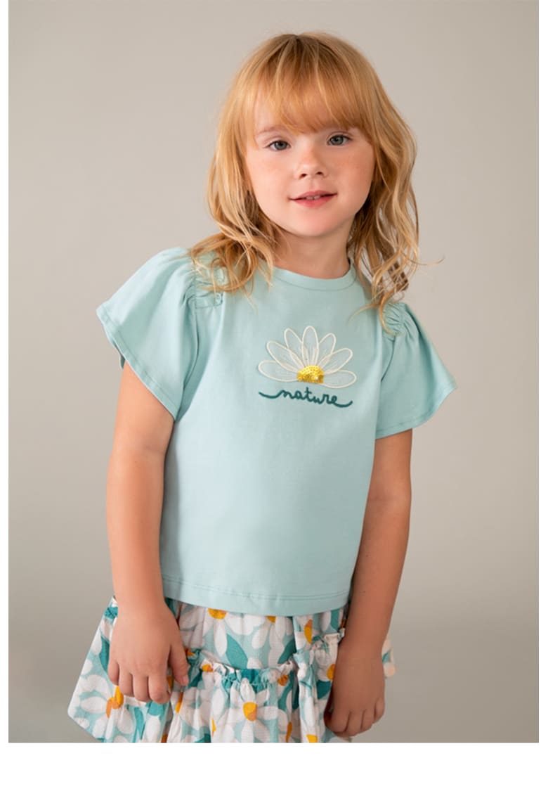 Tricou cu maneci fluture si detalii brodate - Albastru glaciar