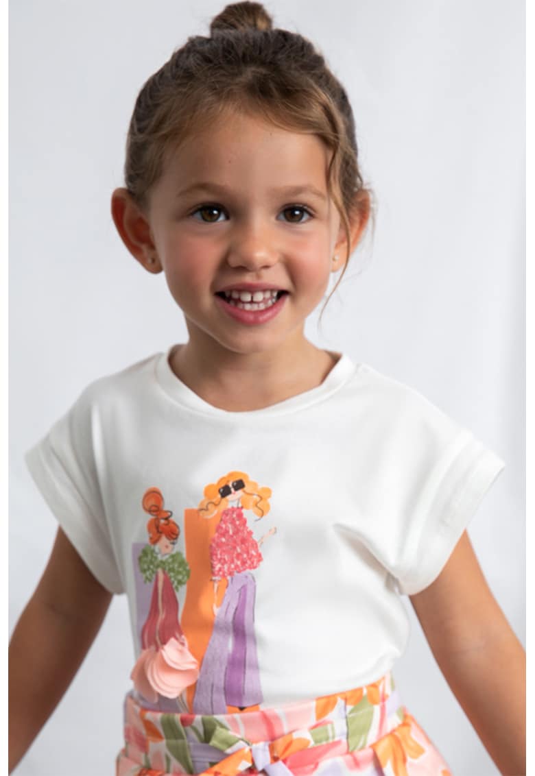 Tricou cu imprimeu grafic si decolteu la bza gatului - Piersica/Alb murdar