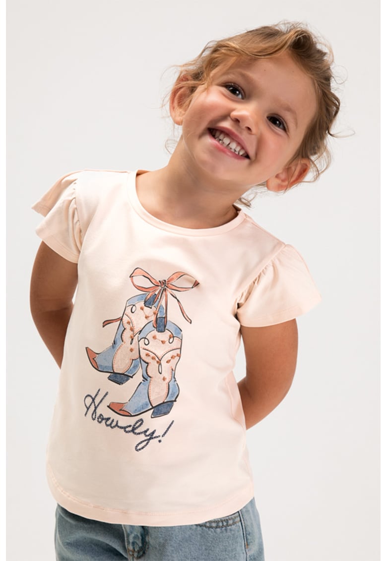 Tricou din amsetec de bumbac cu maneci fluture - Piersica