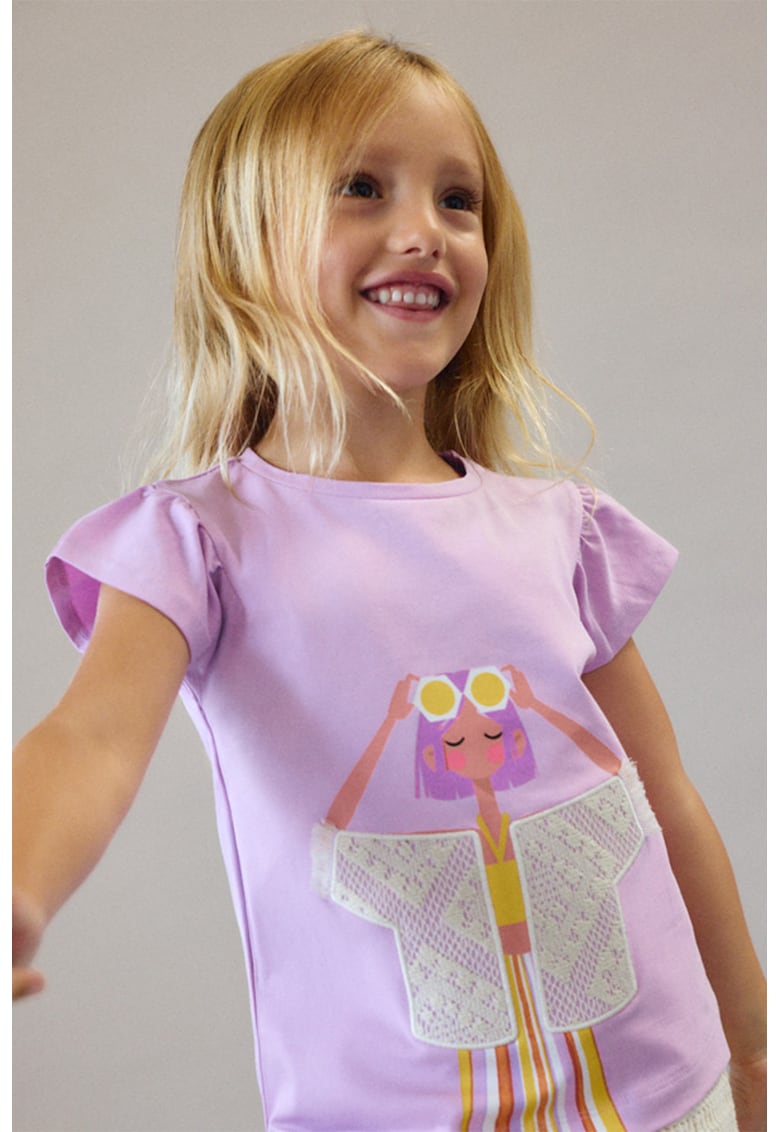 Tricou din amsetec de bumbac cu maneci fluture - Lila