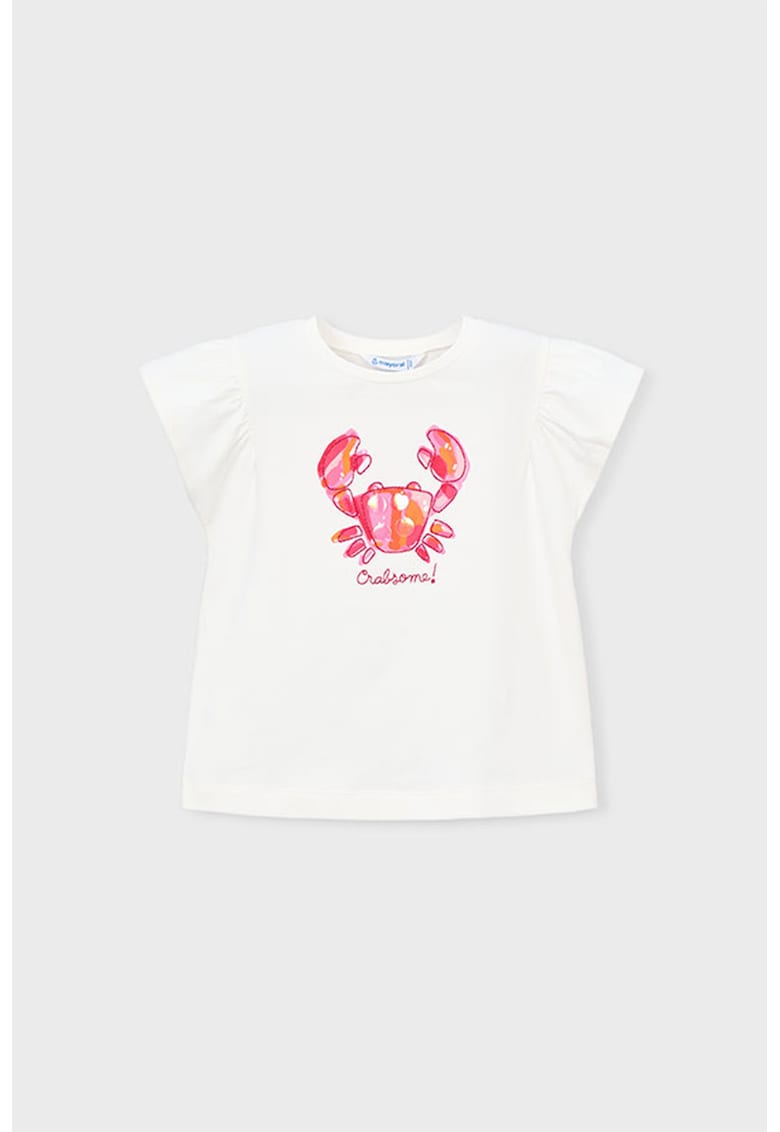 Tricou din amsetec de bumbac cu maneci fluture - Alb murdar/Roz pal